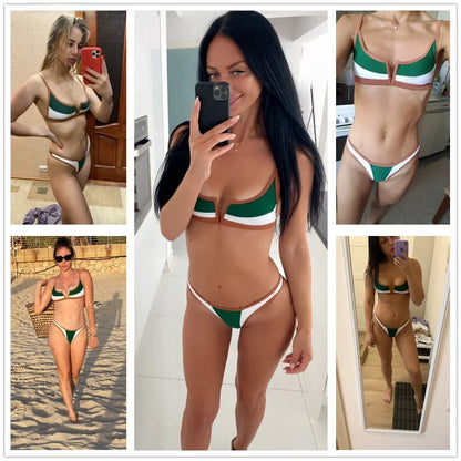 Contrast Vne Open Ba Thong Bikini Women's Patchwork ort Sve Overhead ort Pants Two-Piece Set Polyester Material