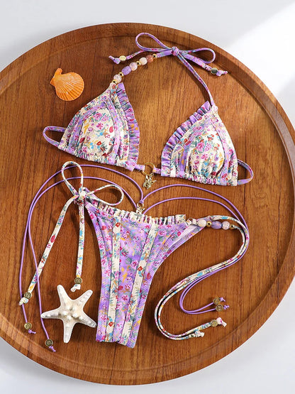 ZRTAK Triangle Bikini Set Sexy Swimwear Women 2025 Bikinis Floral Print Swimsuit Micro Thong Bandage Bathing Suits