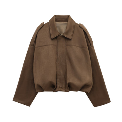 HH Women Brown Green Suede Jacket Loose Casual Bomber Coat Lapel Zipper Long Sleeve Jackets Vintage Lady Motorcycle Outwears