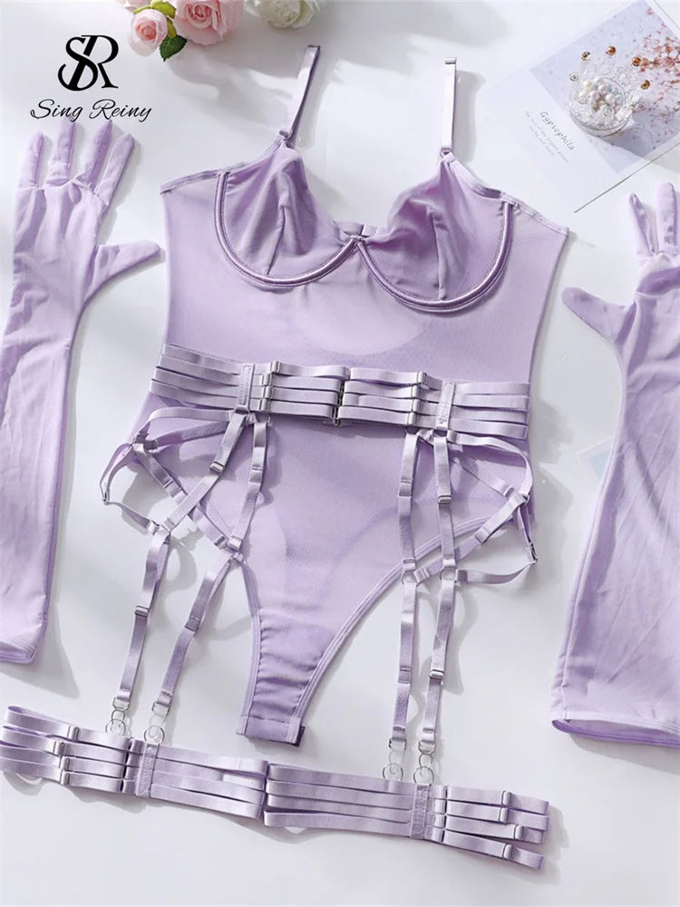 SINGREINY Sensual Sheath Solid Lingerie Rompers Fashion Oversleeve Strapless Slim Playsuits Women Sheer Mesh Sexy Bodysuits