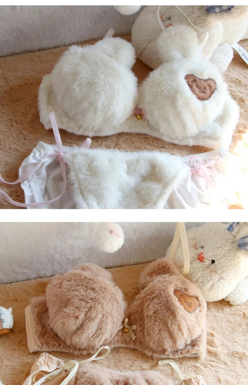 Cute Bear Underwear Winter Plush Cartoon Comfortable Bra & Brief Sets Women's Intimates Thermal Bra Gathers Sleepwear Lingerie