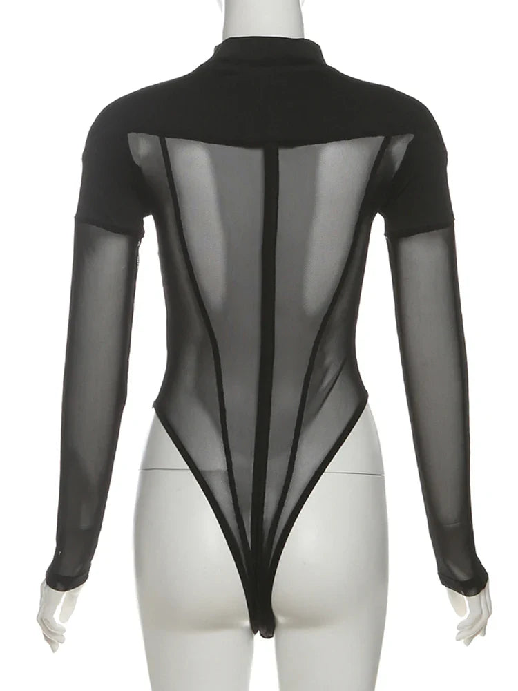 Sisterlinda See Through Sexy Bodysuit Women Coquette Wild Mesh Hipster Patchwork Full Sleeve Midnight Stretch Street Clubwear