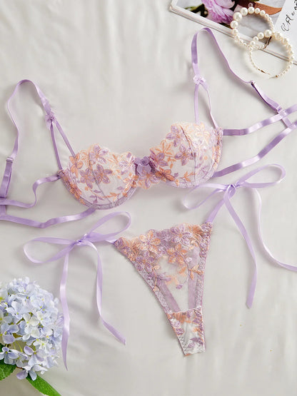 Floral Embroidery Transparent Mesh Bra Brief Sets Ultra Thin Straps Flowers Lace Sexy Lingerie Half Cup Woman Underwear 2025