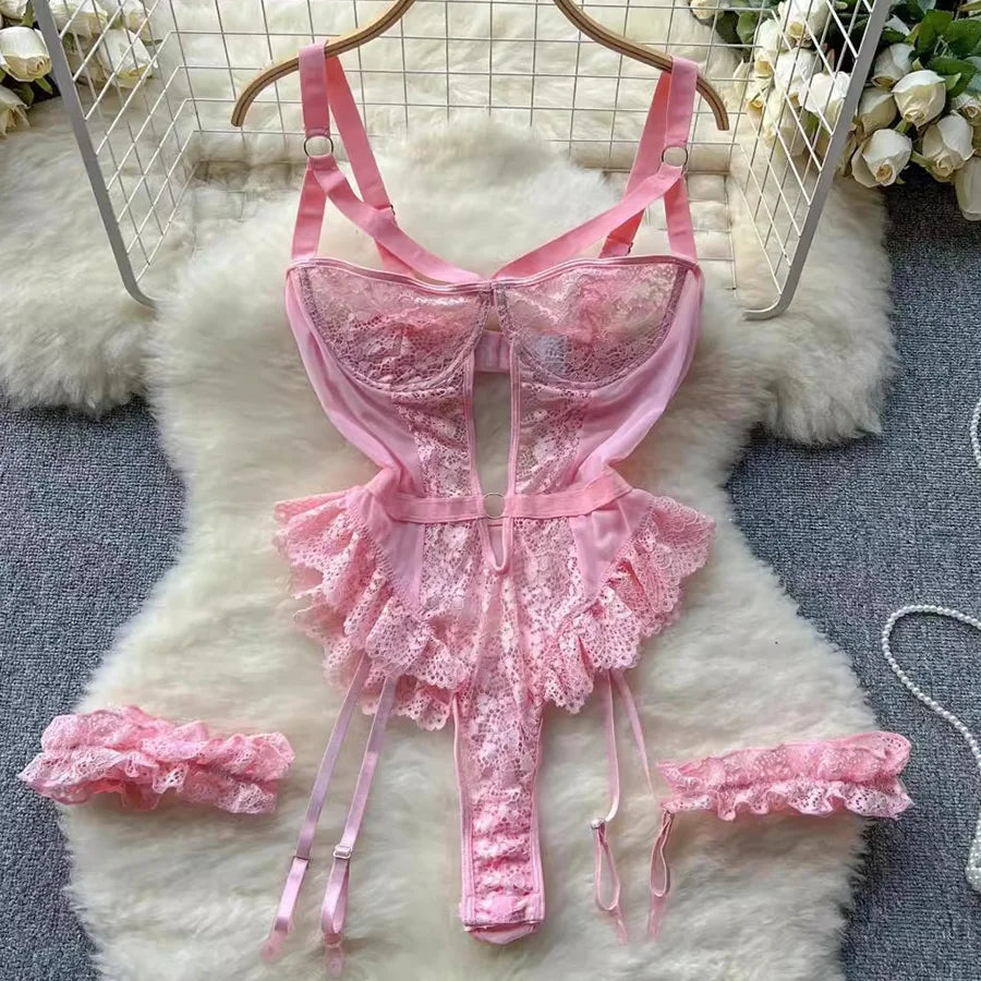 Women’s Sexy Lace Lingerie Bodysuit Hot Lenceria Intimates Set Sheer Mesh Underwire Garter Erotic Underwear 2025