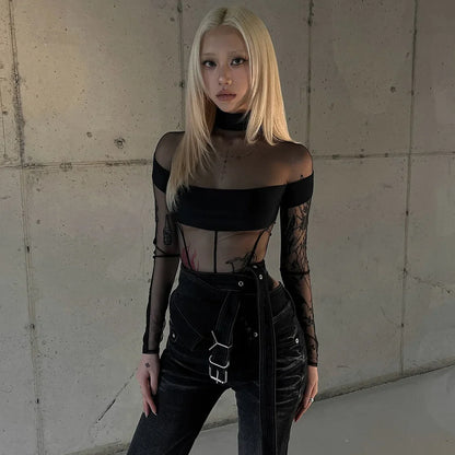 See Through Mesh Splicing Sexy Bodysuit Lingerie One-pieces Y2k Clothes Long Sleeve Body Feminino Hot Tops For Women Rave Outfit