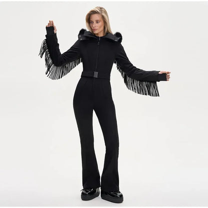Casual Solid Tassels Women's Ski Suit Zippers Fur Hooded Slim High Waist Lady Jumpsuits 2025 Winter Fashion Female Warm Skiwear