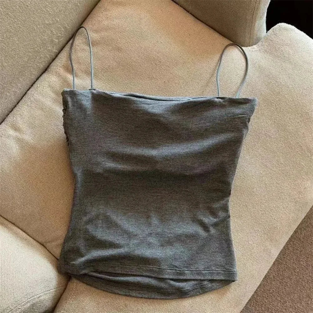 1 Pc Stylish Waist Pleated Corset - Soft support fixed chest pad sleeveless vest Sexy short top with thin straps Solid color