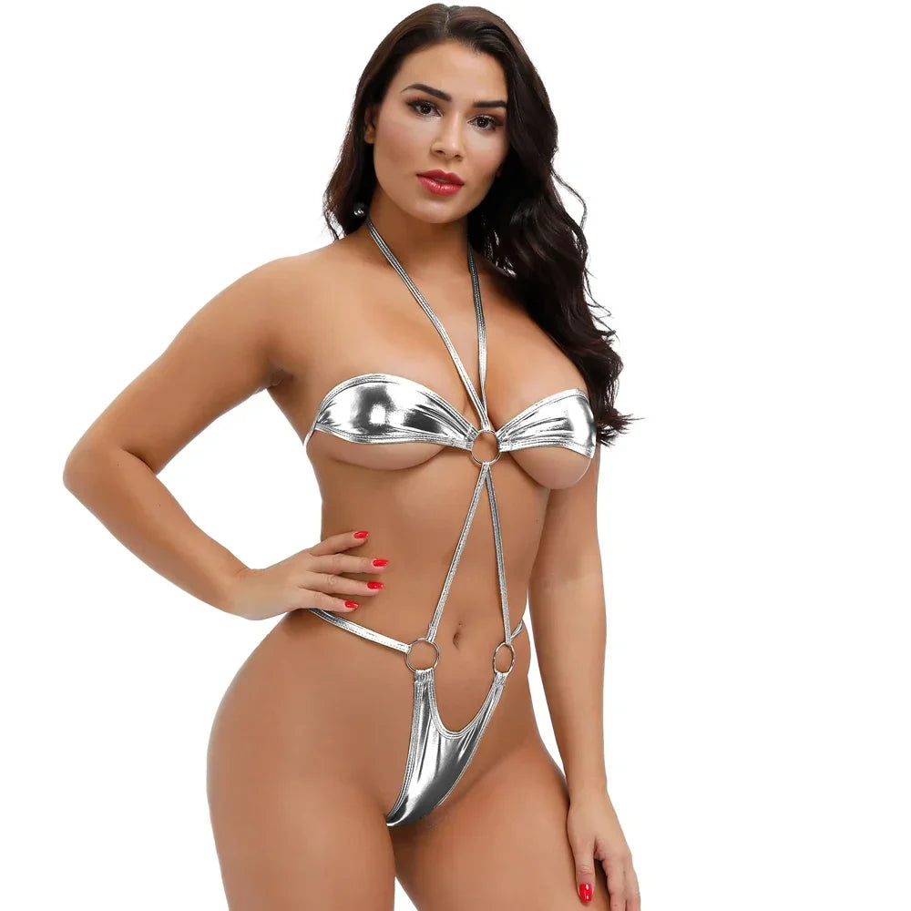Women Swimwear Mini Bikini Bathing Suit Halter Lingerie Set Women's G String Thong PU Leather Underwear Erotic Tiny Swimwear