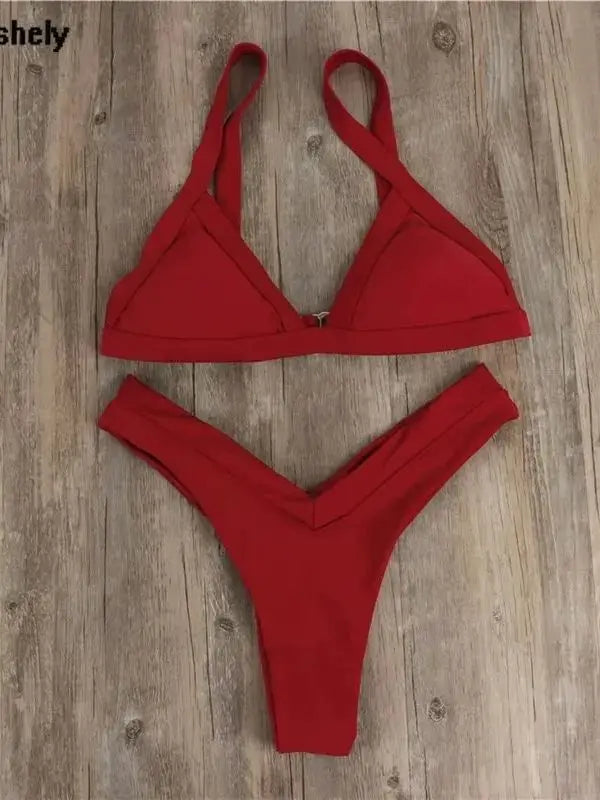 2025 Sexy Red Bikini Thong Push Up Swimwear Women Summer Beachwear High Cut Brazilian Bikini Beach Bathing Suit