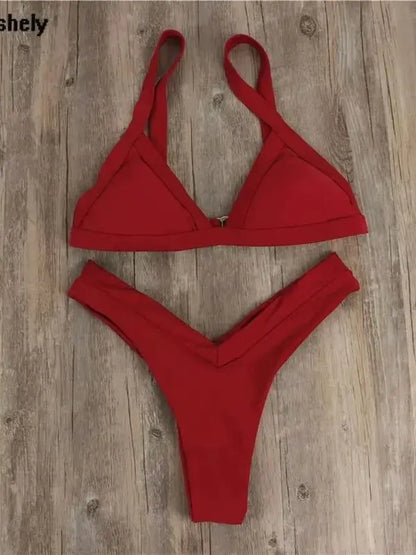 2025 Sexy Red Bikini Thong Push Up Swimwear Women Summer Beachwear High Cut Brazilian Bikini Beach Bathing Suit