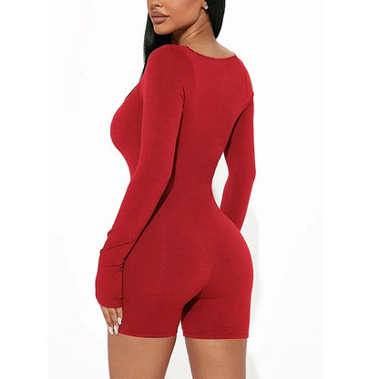 2025 Spring and Summer New Fashion Women's Long Sleeve Jumpsuit Shorts  Long Sleeve Sexy Slim Jumpsuit U Neck Jumpsuit