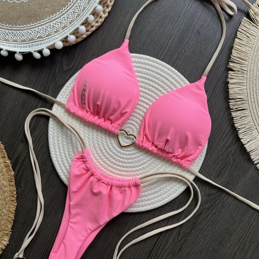 Para Praia 6 Colors Solid Brazilian Bikini Micro Swimwear T-back Swimsuit Women Sexy Biquini 2025 Thong Bikini Set Bathing Suit