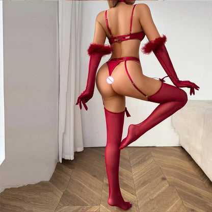 ﻿Christmas Lingerie Set for Women 3 Piece Elegant Bra and Panty with Gloves Stockings Choker Sexy Boudoir Underwear