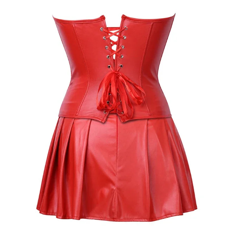 Faux Leather Corset Top Women Leather Corset Dresses Zipper Gothic PU Leather Corset Sexy Ladies Eyelet Up Pleated Dress Corsets