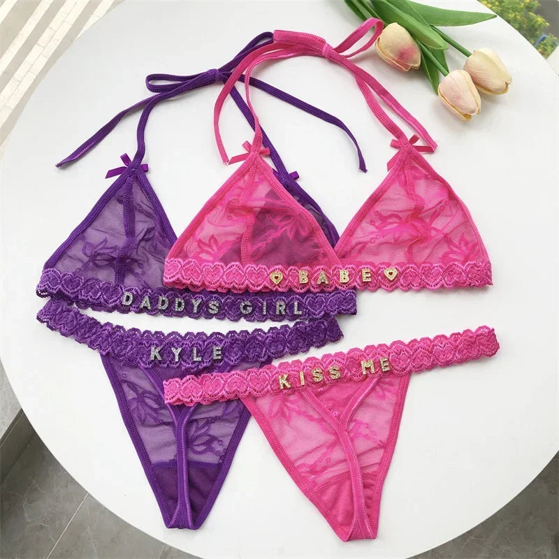 Name Custom Crystal Letter Thong Lace Tie Neck Bikini Bra Panties Sexy Personalized Name Low Waist G-String Underwear Bra Set
