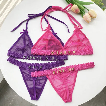 Name Custom Crystal Letter Thong Lace Tie Neck Bikini Bra Panties Sexy Personalized Name Low Waist G-String Underwear Bra Set