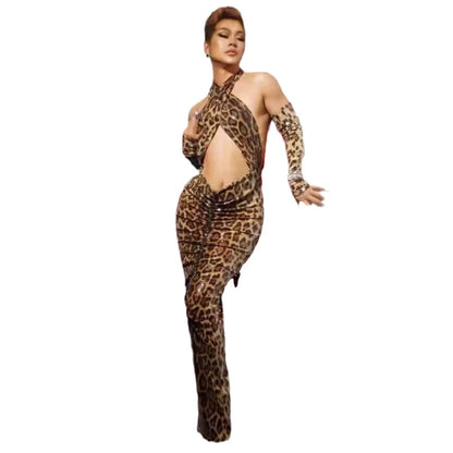 Birthday Performance Plus Size Women's Clothing Bulk Sequins Hollow Leopard Print Dress Women's Party High-End Performance Dress