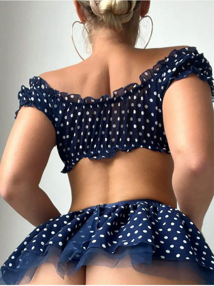 Polka Dot Shoulder Revealing Puffy Skirt 3-piece Sets Sexy Lace Top Skirt Thongs Underwear Suits Romantic Intimate Exotic Sets