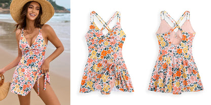 Floral Print Dress Swimsuit Women's One Piece Bikini Monokini Beach Vacation V-neck Suspender Backless Swimwear 2025 Summer New