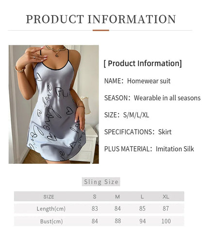 Heart Print Nightdress Elegant Scoop Neck Criss Cross Back Sleep Dress Women's Sleepwear