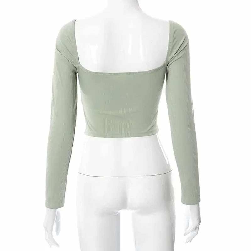 Hollow-Out V-neck Long Sleeve Crop Tops Spring Fall Casual Fashion Women Square Collar Slim Ribbed T-Shirts Backless Tee