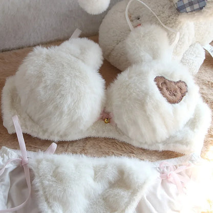 Cute Bear Underwear Winter Plush Cartoon Comfortable Bra & Brief Sets Women's Intimates Thermal Bra Gathers Sleepwear Lingerie