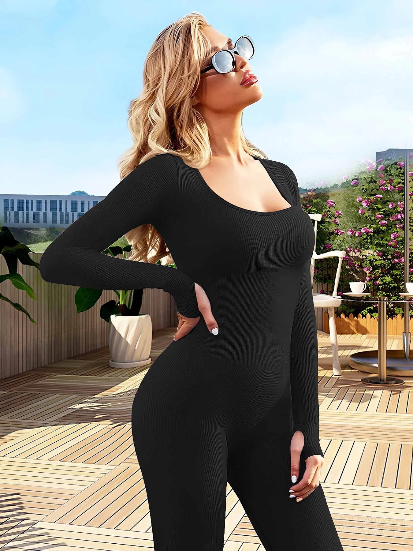 Solid Color Ribbed Yoga Jumpsuit, Seamless Slim Fit Long Sleeve Sports Bodysuit, Women's Activewear