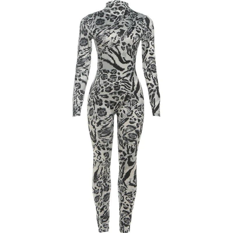 Sisterlinda Fitness Jumpsuit Women Sexy Zip Leopard Print Full Sleeve Streetwear Activity Workout Casual Tight Stretch Overalls