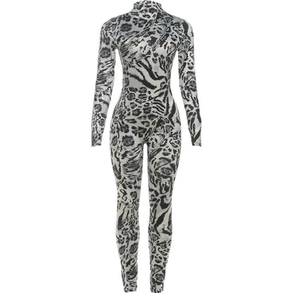 Sisterlinda Fitness Jumpsuit Women Sexy Zip Leopard Print Full Sleeve Streetwear Activity Workout Casual Tight Stretch Overalls