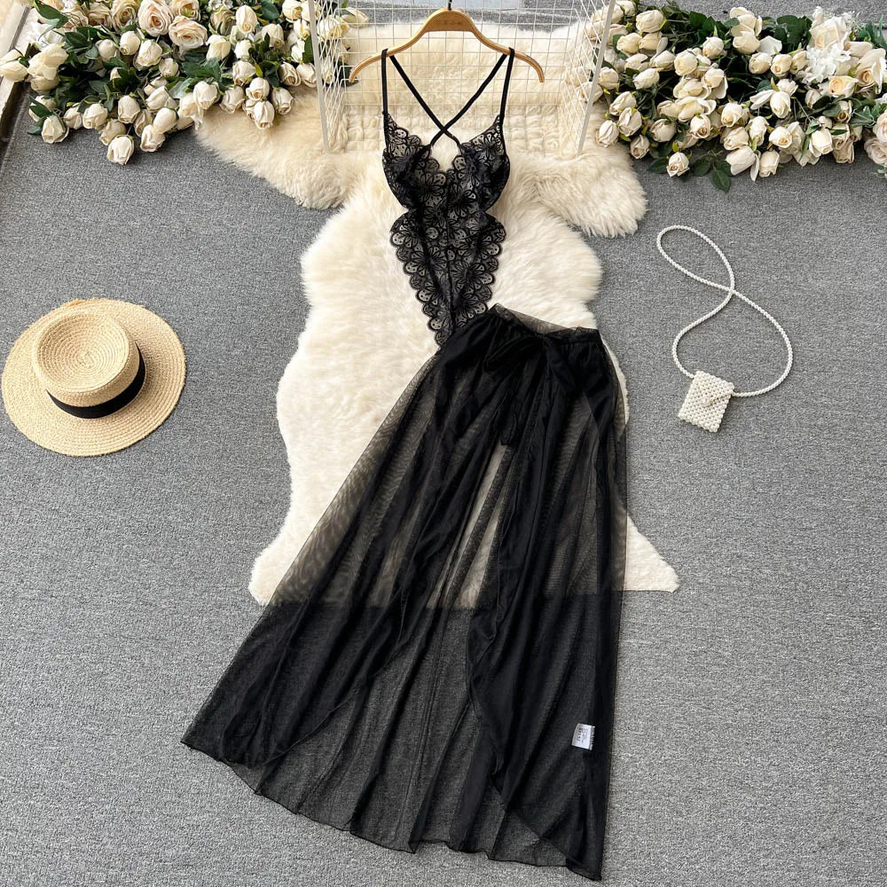 SINGREINY Lace Sensual Erotic Two Pieces Suits Camis Short Bodysuits Tops+Midi Long Mesh Chiffon Skirts Women Underwear Sets