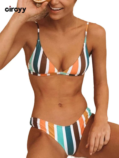 Circyy Bikini Set Women Rainbow Striped Halter Split Swimsuit Two-piece Sexy Thongs Summer 2025 New Holiday Beach Bathing Suit