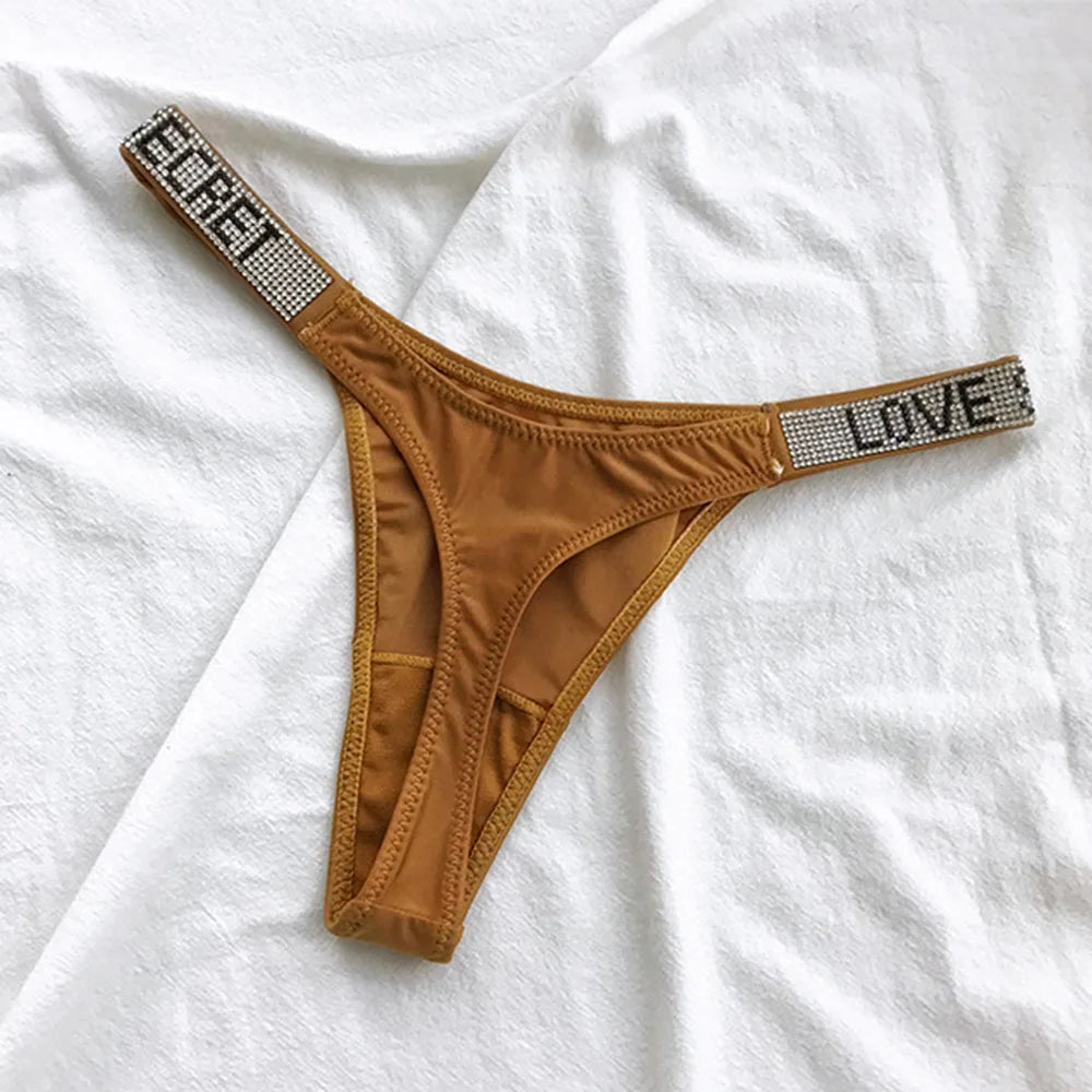 Sexy Triangle Fitness Sports With Letter Low Rise Briefs Sexy T-Back G-string Women Panties Rhinestone Thong