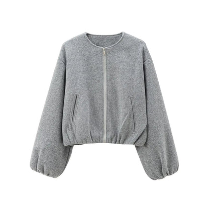 Ladies Fashion Autumn Winter Jacket Women Retro Round Neck Long Sleeve Elastic Hem Zipper Soft Bomber Jacket Women Coat Female