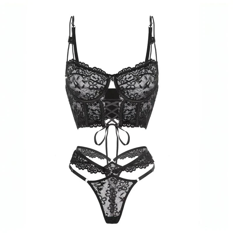 Bra Brief Sets Female Transparent Sexy Romantic Lingerie Black Lace Underwear Flowers Sensual See Through Erotic Sets