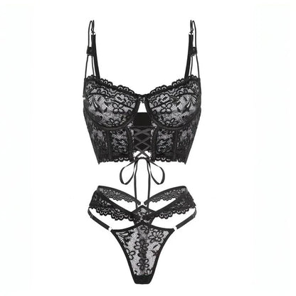 Bra Brief Sets Female Transparent Sexy Romantic Lingerie Black Lace Underwear Flowers Sensual See Through Erotic Sets