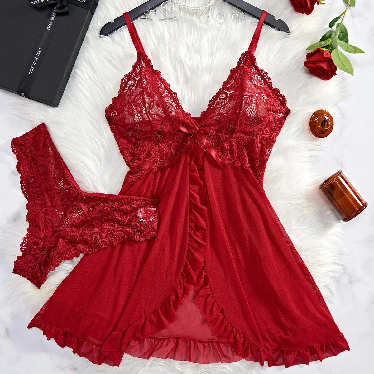Sexy Female Transparent Red Lingerie Women Underwear Sleepwear Lace Babydoll Dress Panties Pijamas Set Adult Female Nighty