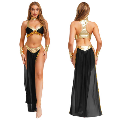 Women Halloween Cleopatra Ancient Egyptian Queen Sun Goddesses Cosplay Costume Crop Top with Skirt Choker Cuffs Belly Dance Set