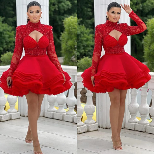 Customized Delicate Red Organza Evening Dress Exquisite O-Neck Long Sleeves Prom Dress Court Train Bespoke Occasion Gowns