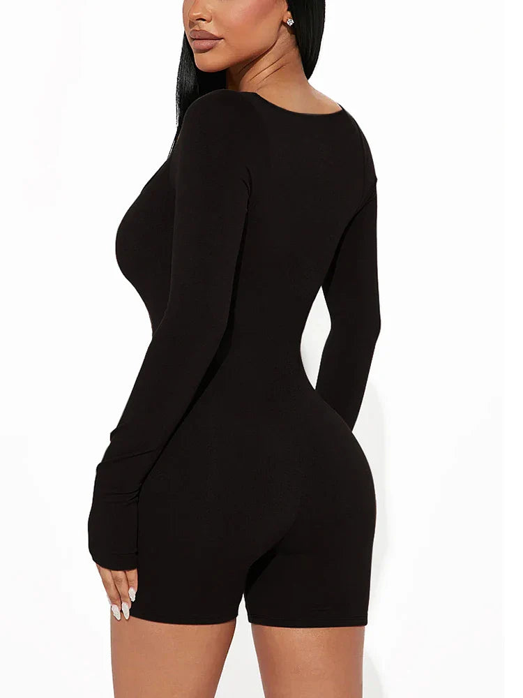 2025 Spring and Summer New Fashion Women's Long Sleeve Jumpsuit Shorts  Long Sleeve Sexy Slim Jumpsuit U Neck Jumpsuit