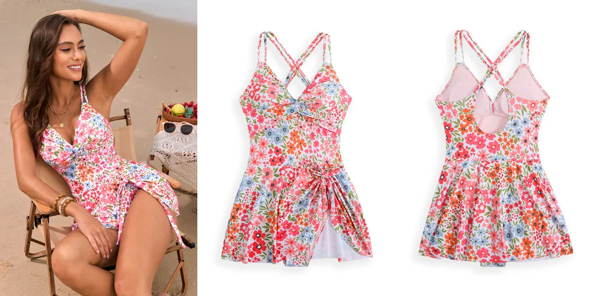 Floral Print Dress Swimsuit Women's One Piece Bikini Monokini Beach Vacation V-neck Suspender Backless Swimwear 2025 Summer New