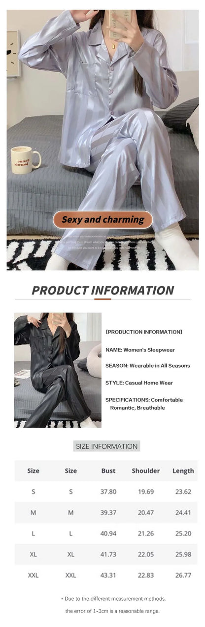 Women Pajamas Striped Pijama Sets Silk Satin Female Home Clothes Sleepwear Longsleeve Shirt Pants Homewear Shirt Pants Loungewea