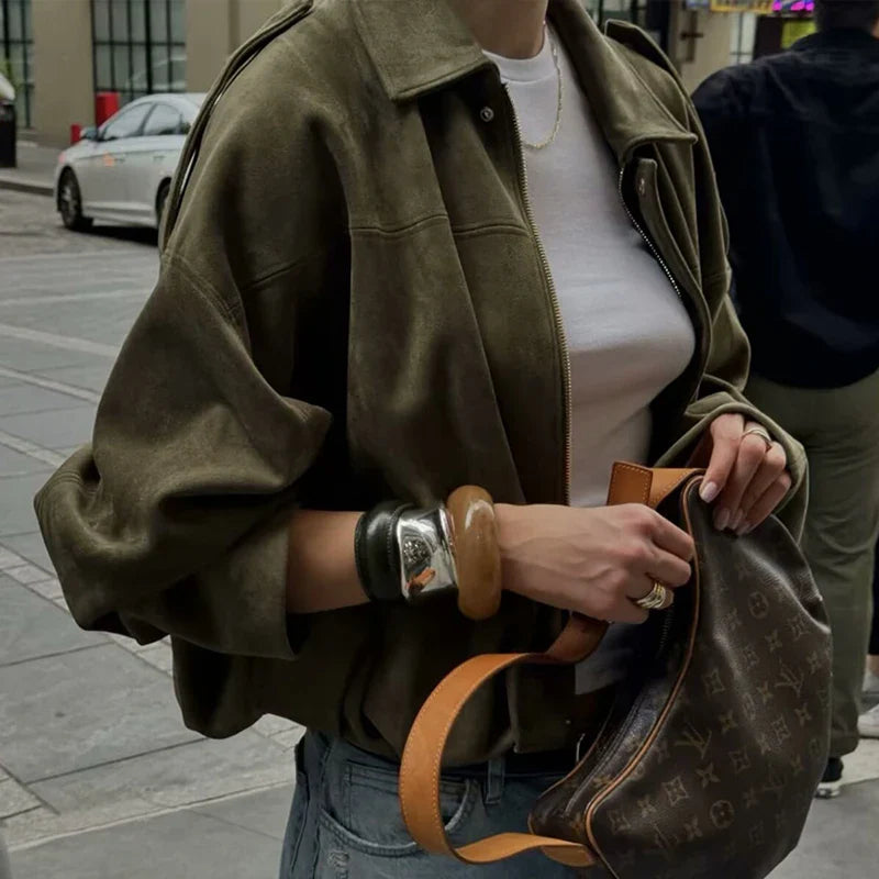 TFMLN Autumn Winter Women Suede Jacket Coat 2025 New Fashion Long Sleeve Zipper Loose Bomber Coat Chic Lady Casual Streetwear