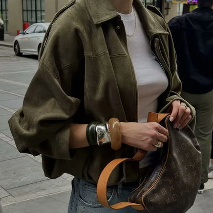 TFMLN Autumn Winter Women Suede Jacket Coat 2025 New Fashion Long Sleeve Zipper Loose Bomber Coat Chic Lady Casual Streetwear