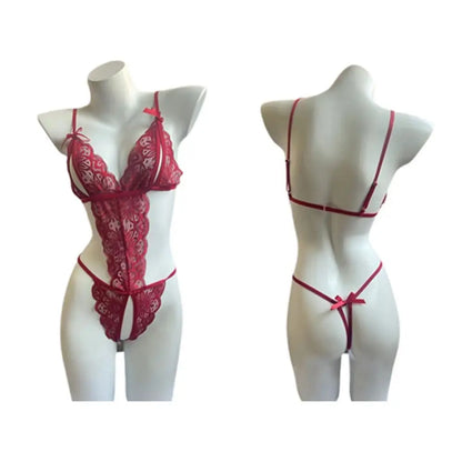 Sweet Deep V Neck Lace Bow Bodysuit Mesh Hollow Transparent Women Lingerie Jumpsuits Sleeveless Lace Sling Nightwear Gifts