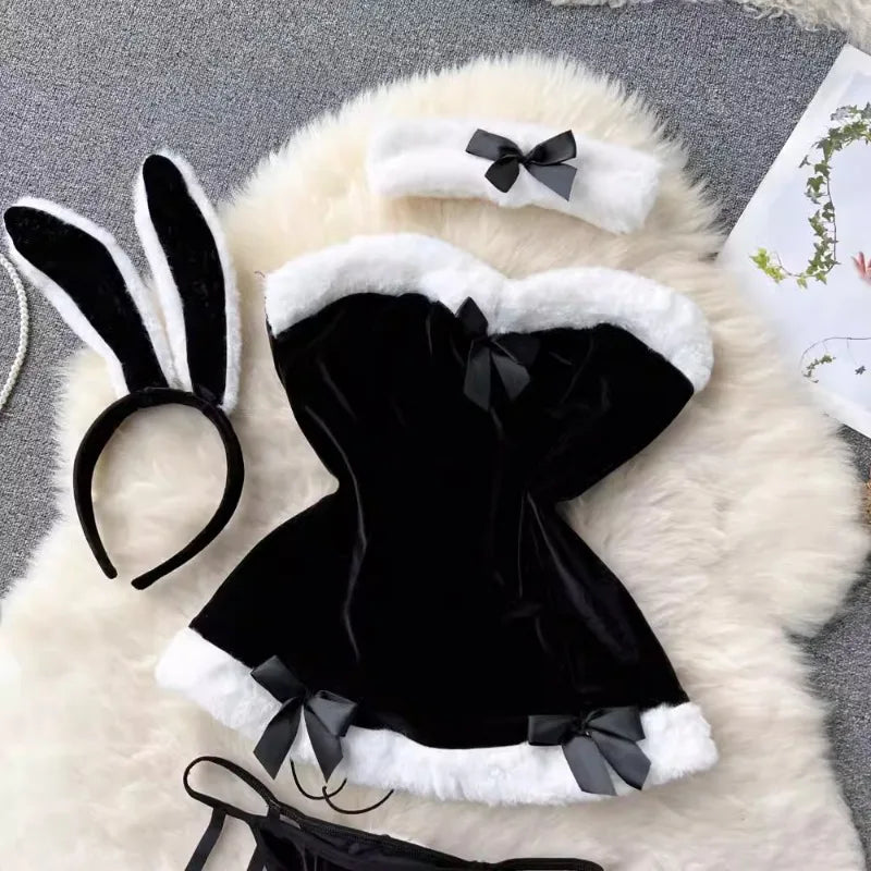 Sweet Red Bunny Lingerie Underwear Set Women Sexy Soft Plush Cute Bowknot Sweet Nightgowns Christmas Rabbit Cosplay Costumes New