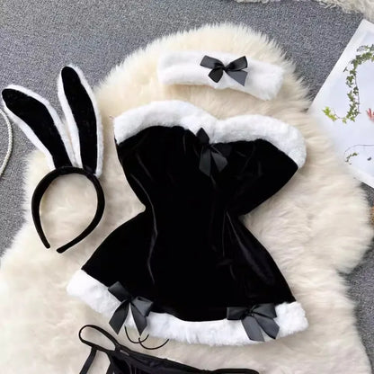 Sweet Red Bunny Lingerie Underwear Set Women Sexy Soft Plush Cute Bowknot Sweet Nightgowns Christmas Rabbit Cosplay Costumes New