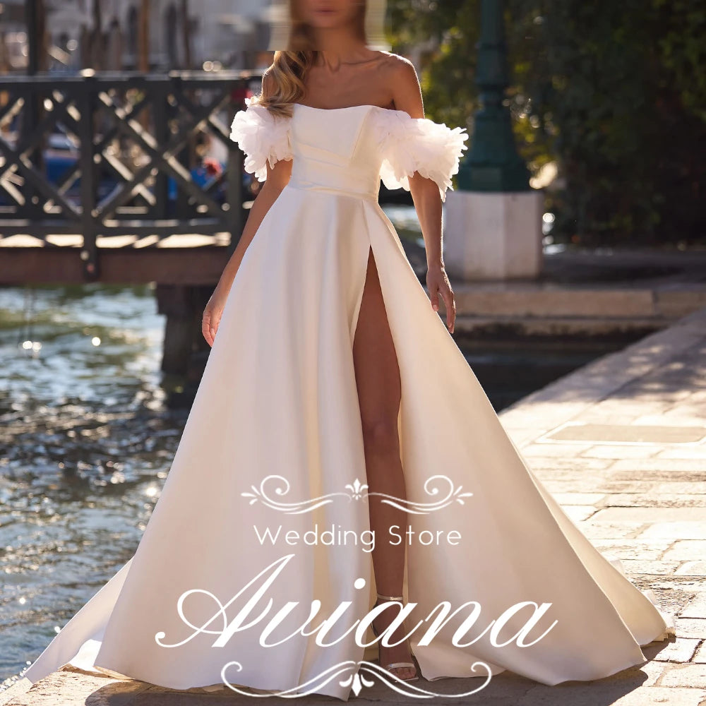 Aviana Customized A-Line Satin Pleats Ruching Off Shoulder Zipper Back Ruffles Lace lining Fairy Garden Wedding Dress Woman Sexy