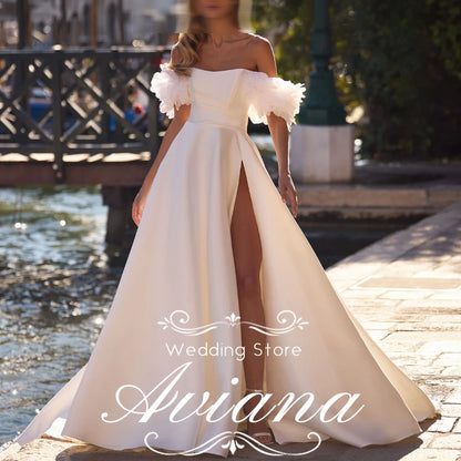 Aviana Customized A-Line Satin Pleats Ruching Off Shoulder Zipper Back Ruffles Lace lining Fairy Garden Wedding Dress Woman Sexy