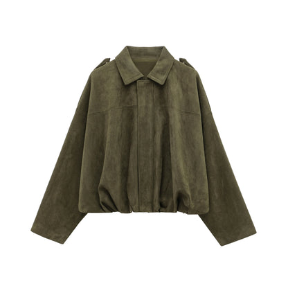 HH Women Brown Green Suede Jacket Loose Casual Bomber Coat Lapel Zipper Long Sleeve Jackets Vintage Lady Motorcycle Outwears