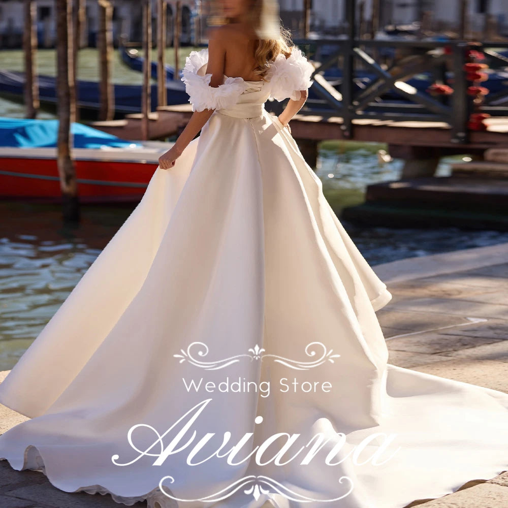 Aviana Customized A-Line Satin Pleats Ruching Off Shoulder Zipper Back Ruffles Lace lining Fairy Garden Wedding Dress Woman Sexy